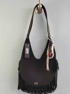 NWT Steve Madden Black Fringe Hobo Bag with Charm Accent